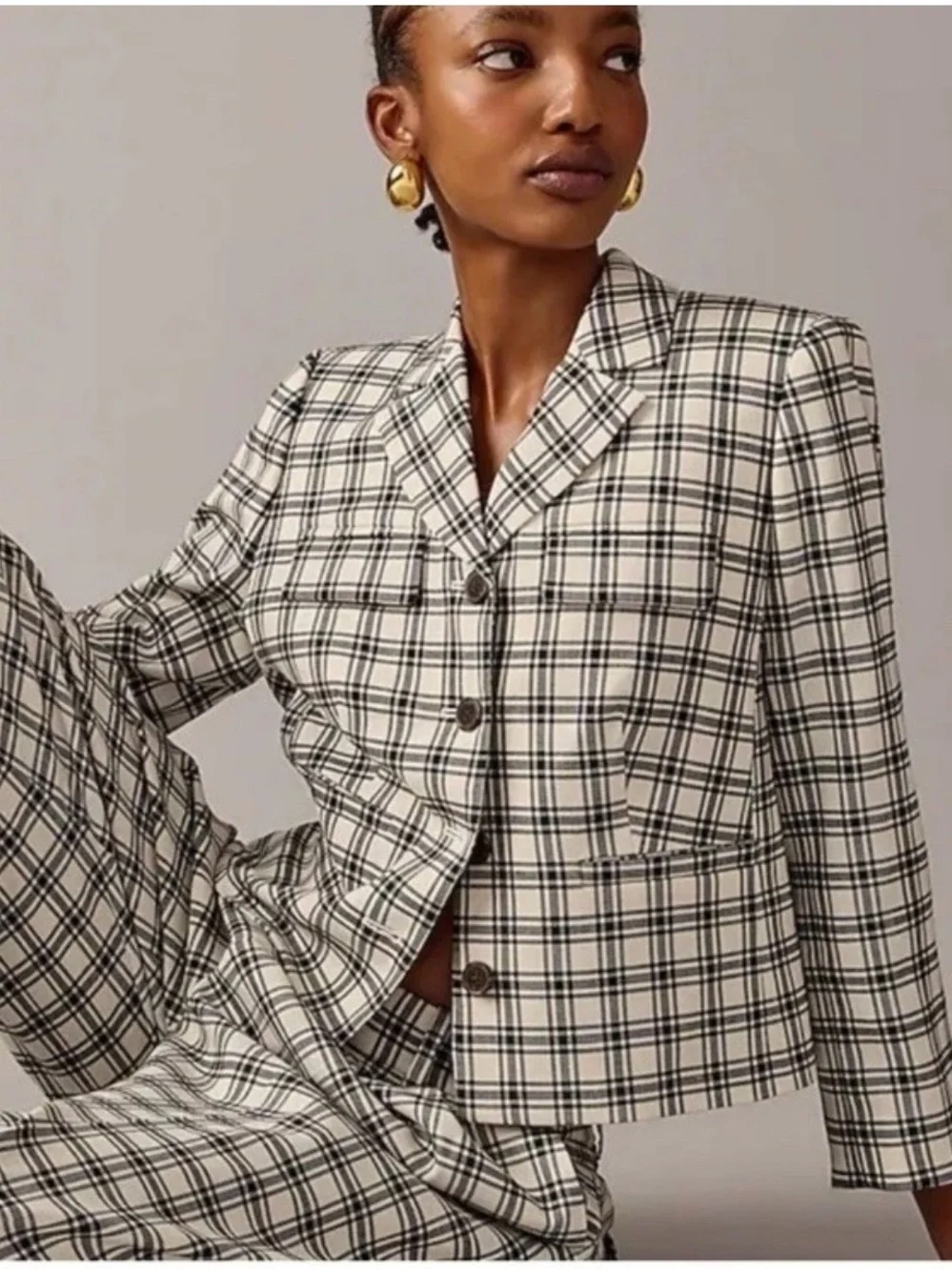J. Crew Cream and Black Plaid Tailored Blazer